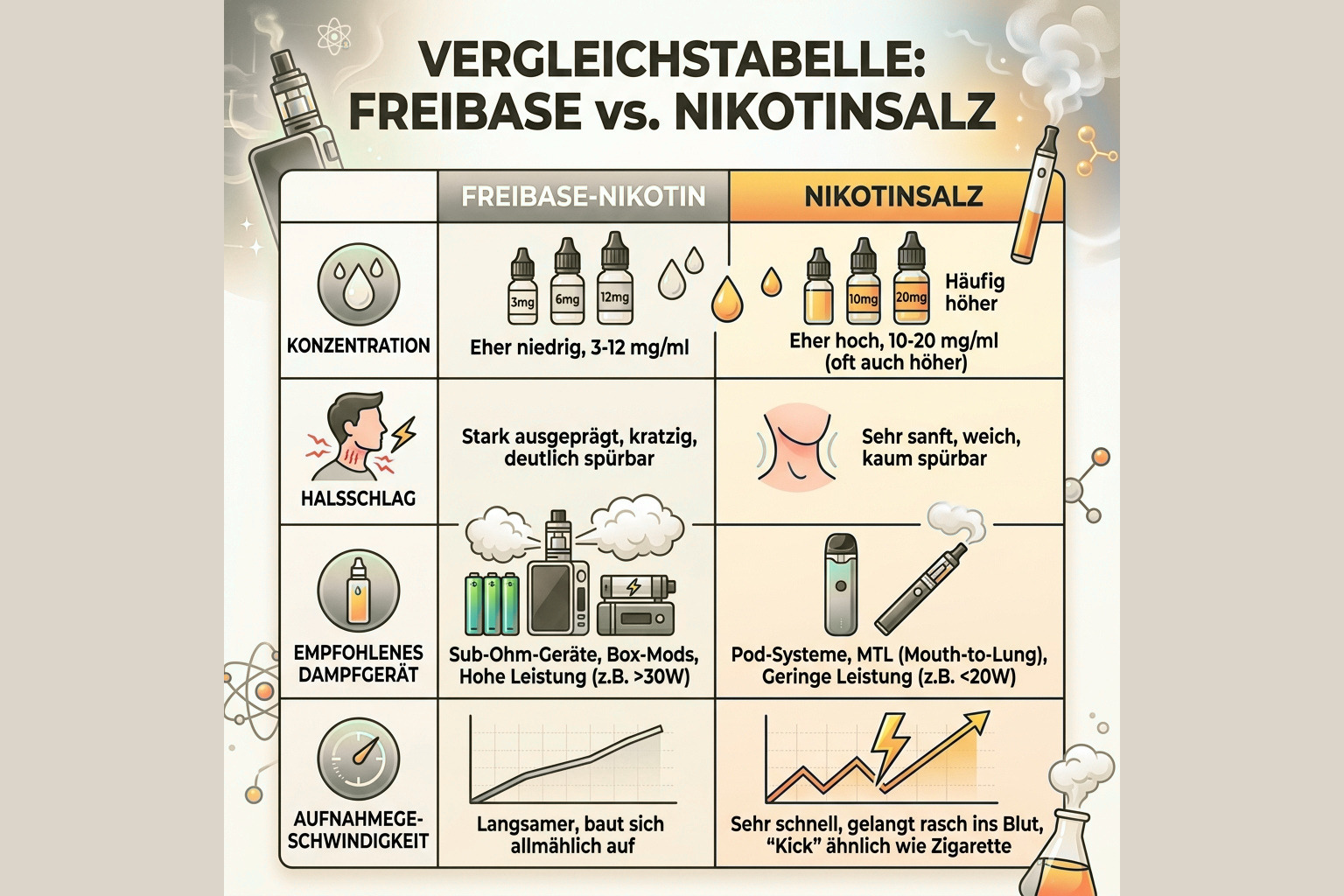Grafik: Vergleichstabelle Freibase vs. Nikotinsalz (Konzentration, Halsschlag, Gerät, Aufnahmegeschwindigkeit) – einfache Tabelle oder Infografik